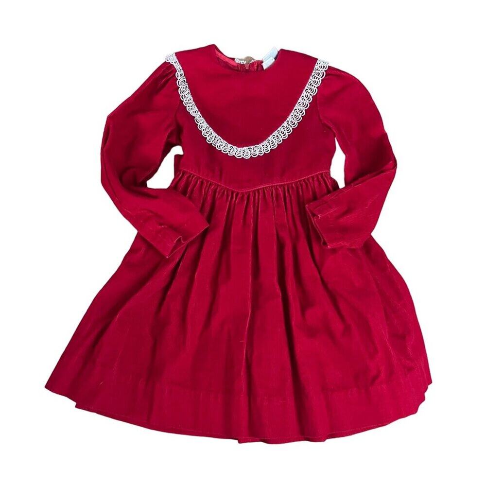 Vintage Ruth of Carolina Red Corduroy Bib Tieback Dress Girls Size 5